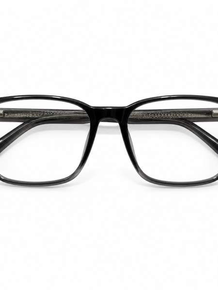 Front view of black and smoke grey rectangular full-rim eyeglasses