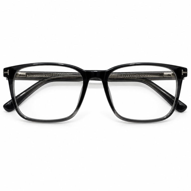 Front view of black and smoke grey rectangular full-rim eyeglasses
