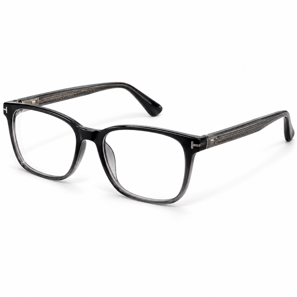 Three-quarter view of black and smoke grey rectangular eyeglasses with open temples