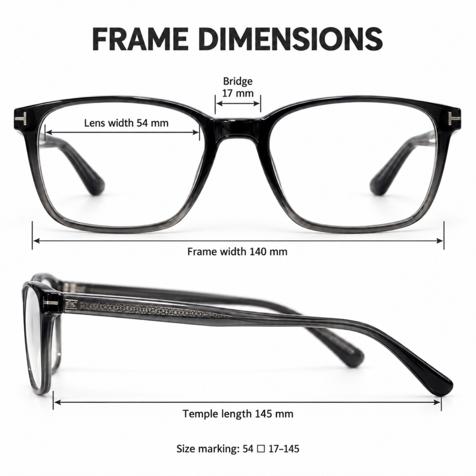 Eyeglasses dimensions: total frame width 140 mm, lens width 54 mm, bridge 17 mm, temple length 145 mm