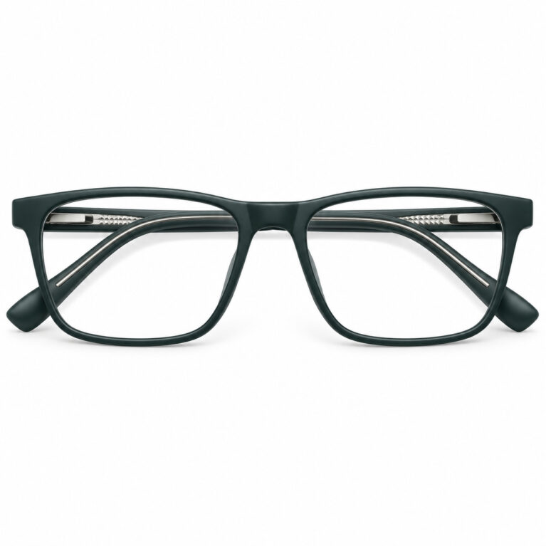Front view of matte deep-green rectangular eyeglasses