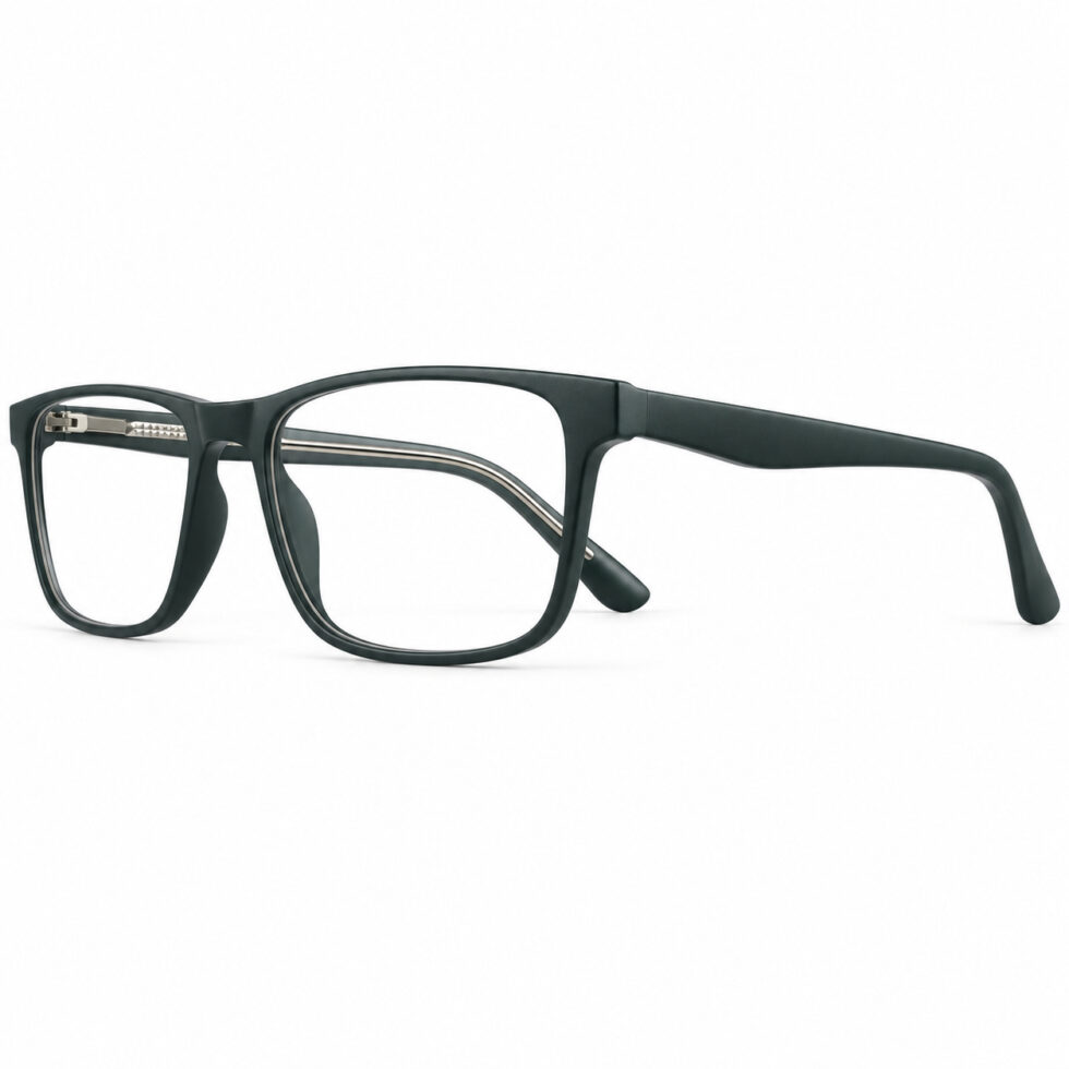 Side view of matte deep-green eyeglasses and metallic temple detailing