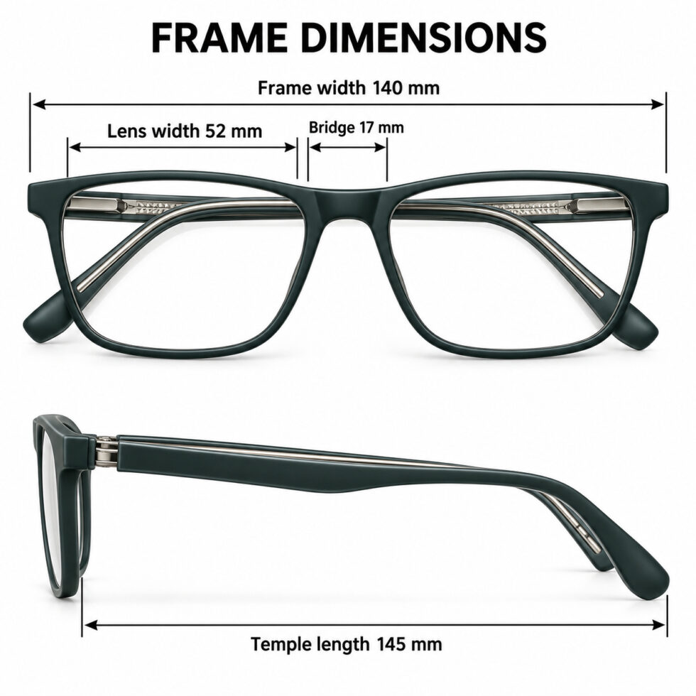 Frame dimensions: 140 mm width, 52 mm lens, 17 mm bridge, 145 mm temples