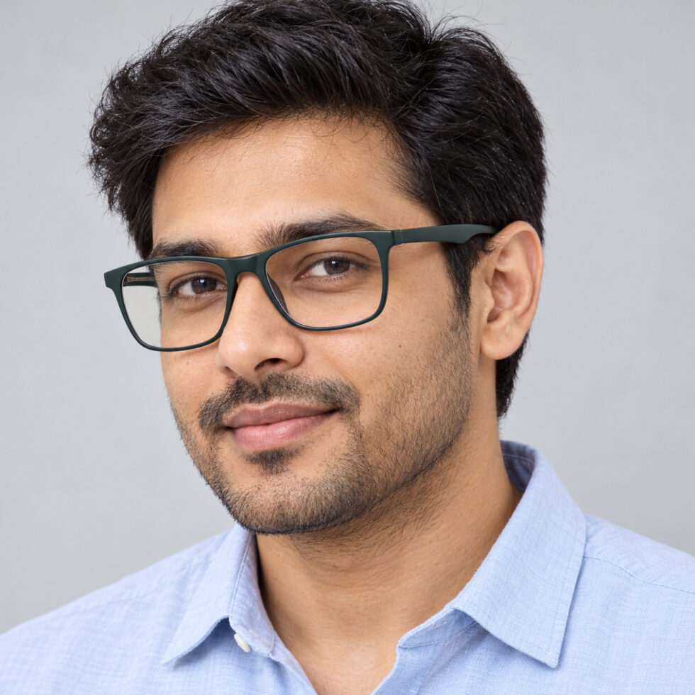 Man wearing matte deep-green rectangular eyeglasses