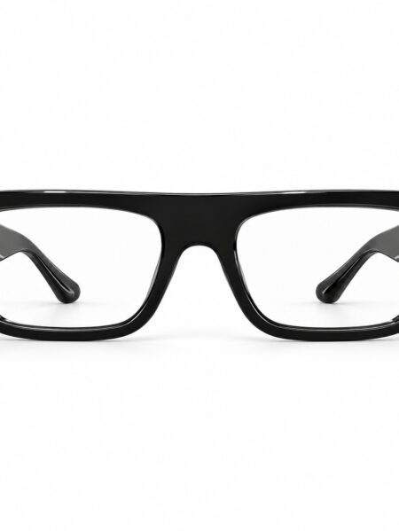 Front view of glossy black flat-top rectangular eyeglasses