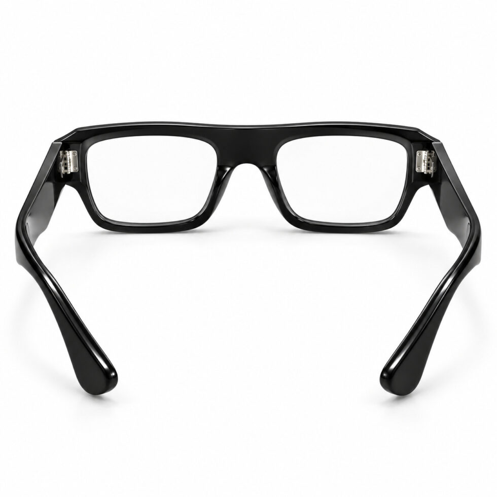 Rear view of glossy black eyeglasses showing inner hinges
