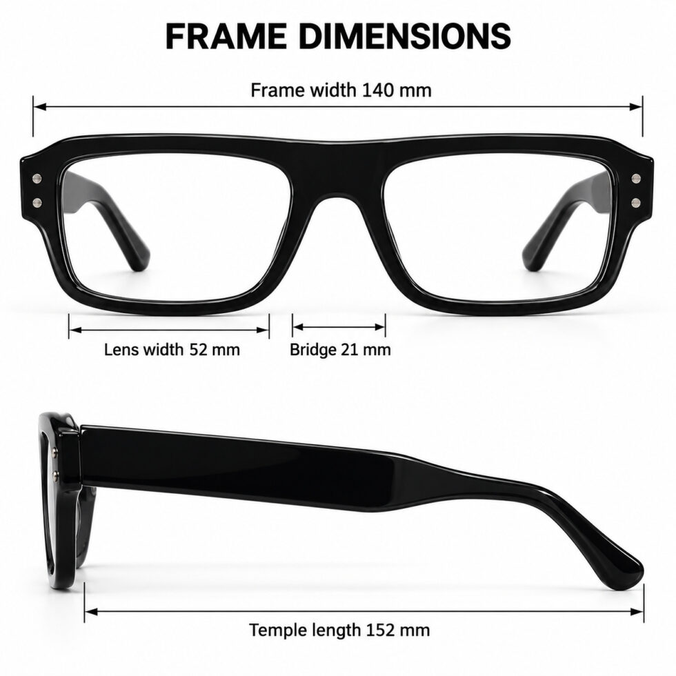 Frame dimensions: 140 mm width, 52 mm lens, 21 mm bridge, 152 mm temples