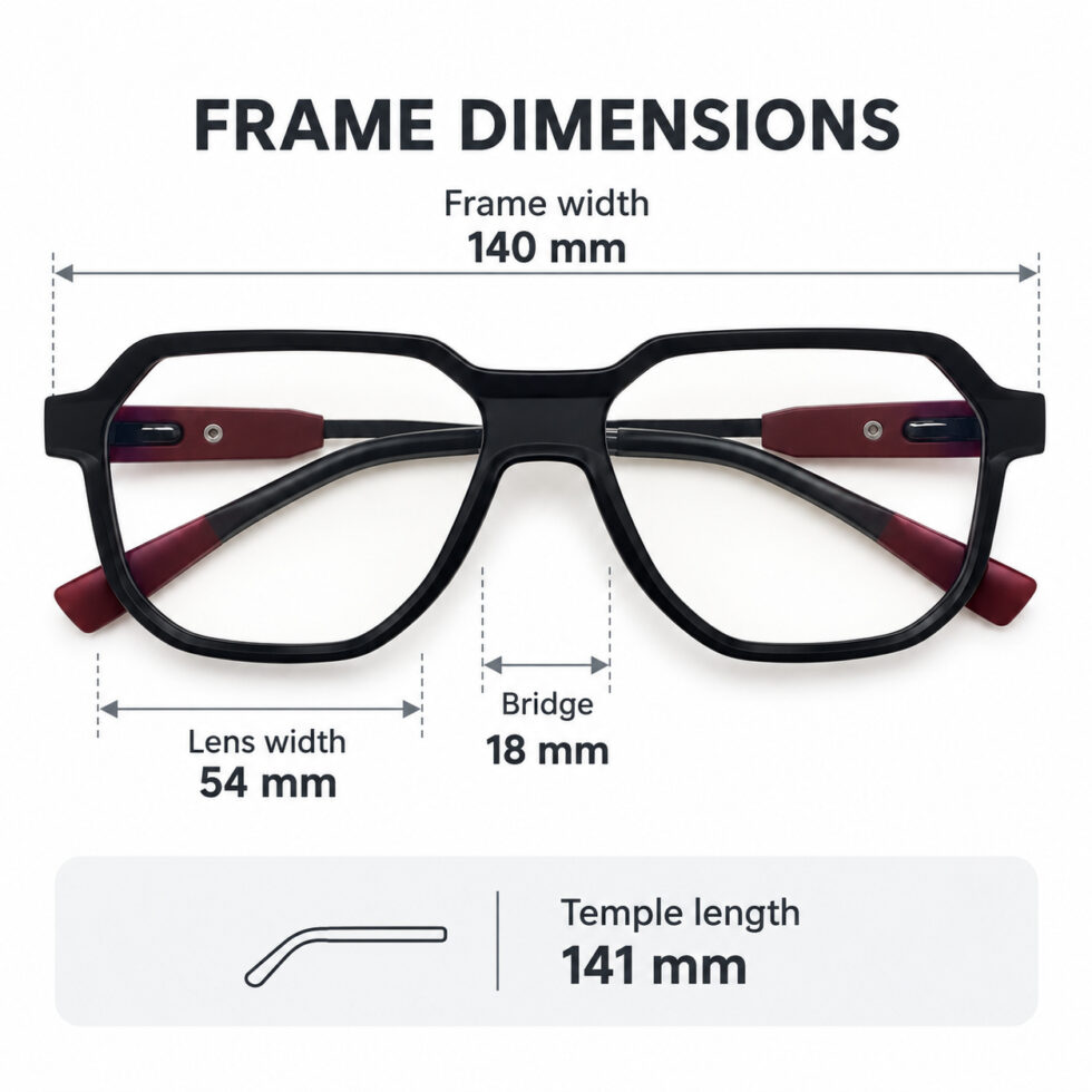 Black Geometric Aviator Eyeglasses — dimensions including 140 mm frame width