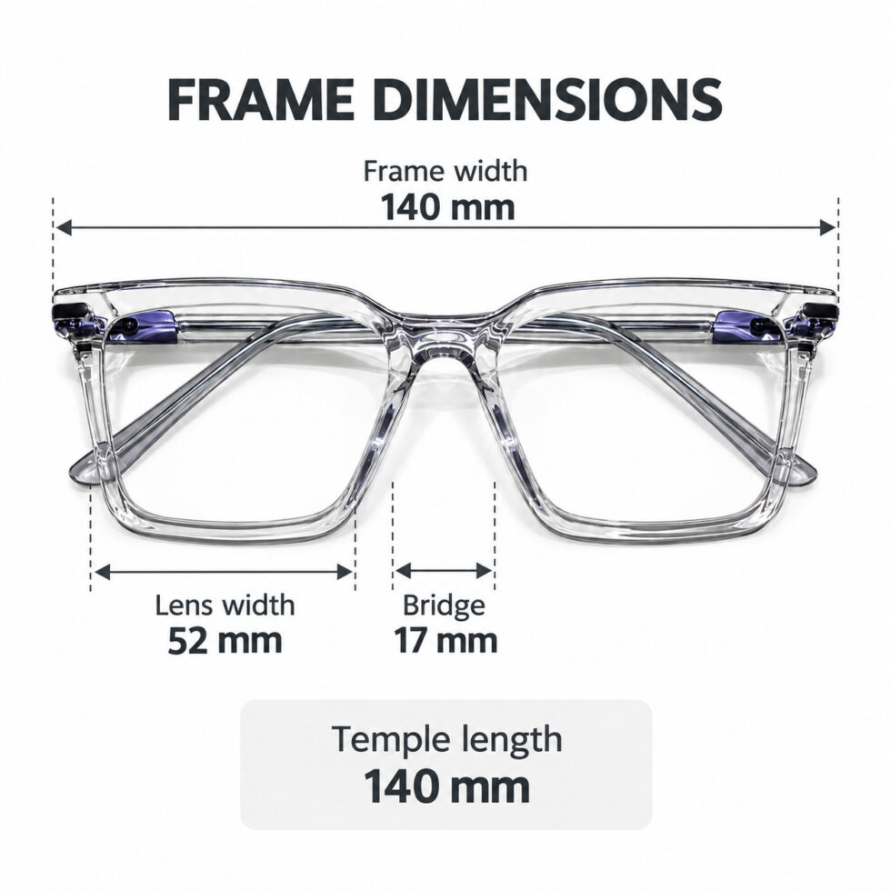 Crystal Clear Rectangle Eyeglasses — dimensions including 140 mm frame width