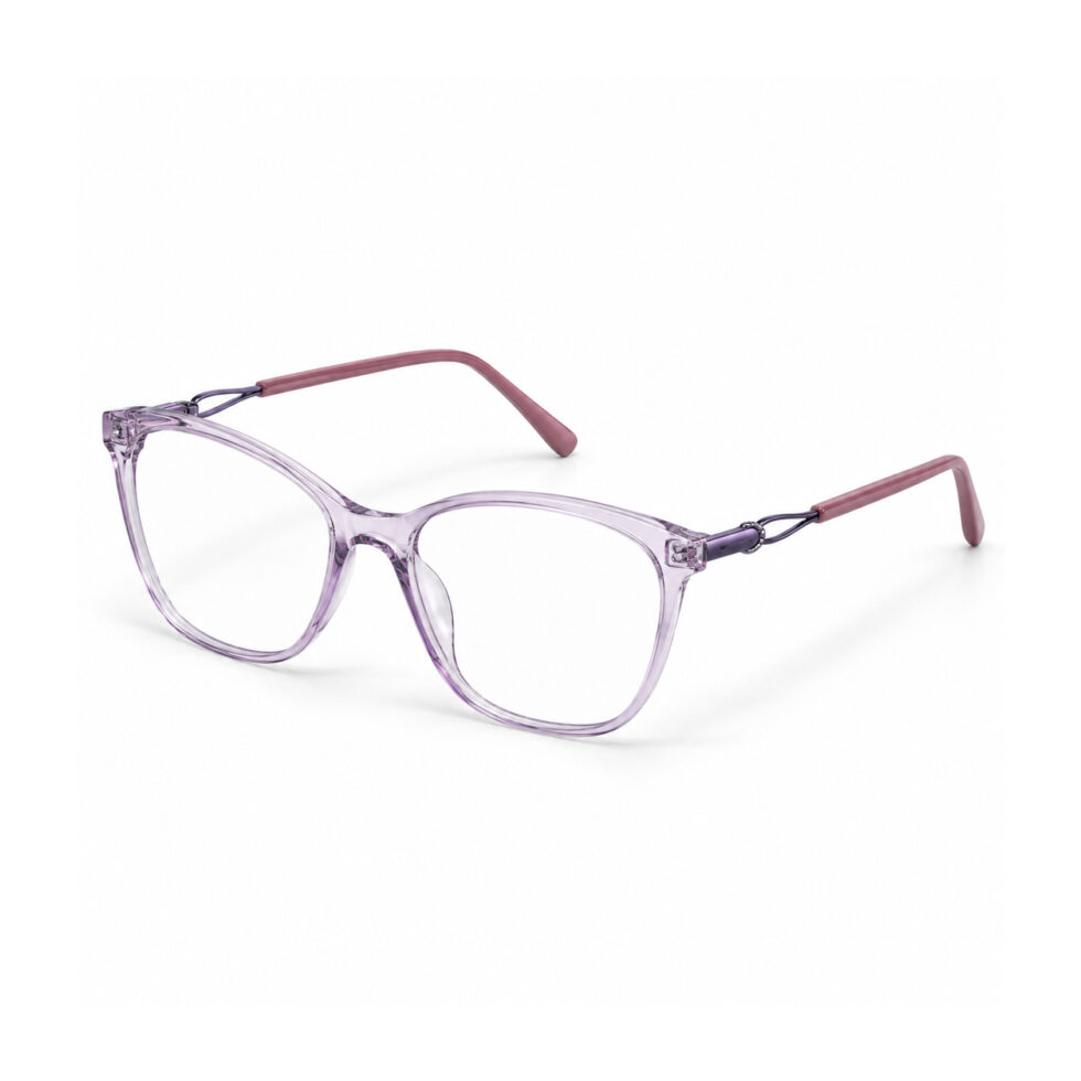 Transparent Lavender Cat-Eye Eyeglasses — front three-quarter view