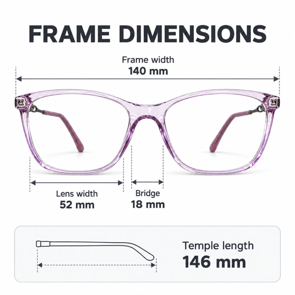 Transparent Lavender Cat-Eye Eyeglasses — dimensions including 140 mm frame width