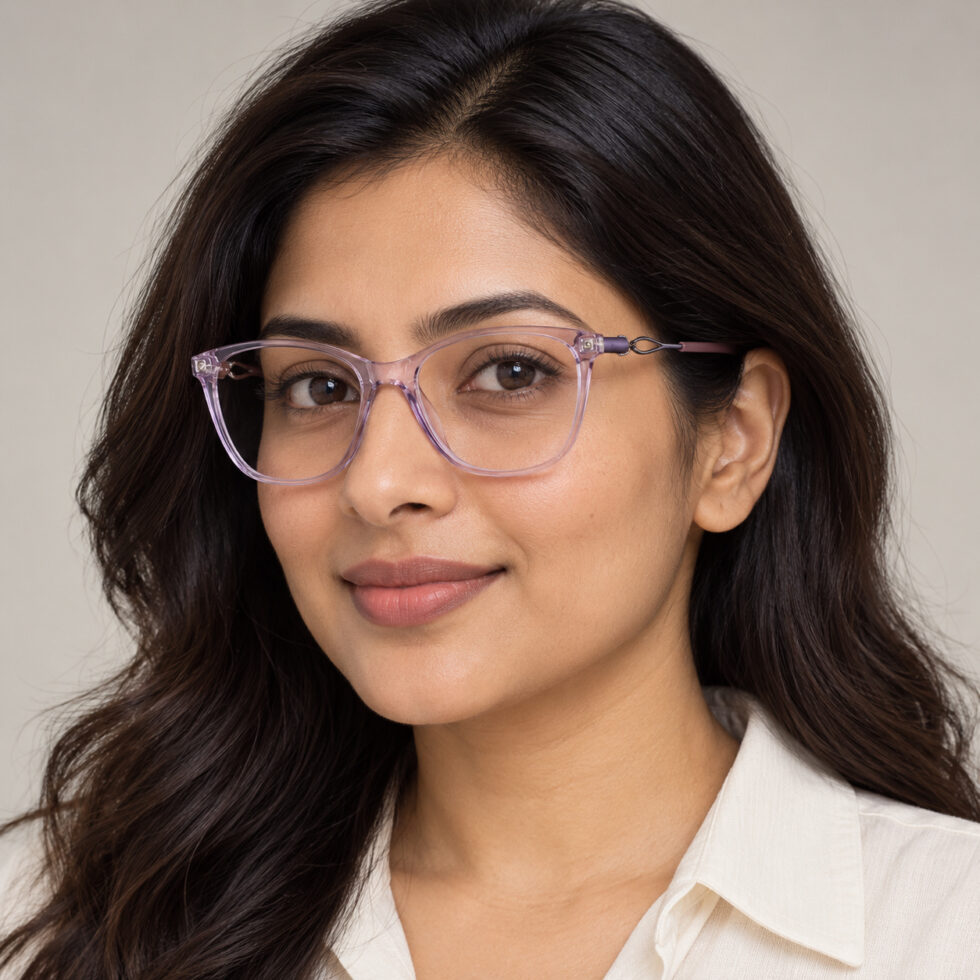 Transparent Lavender Cat-Eye Eyeglasses — adult woman wearing the frame
