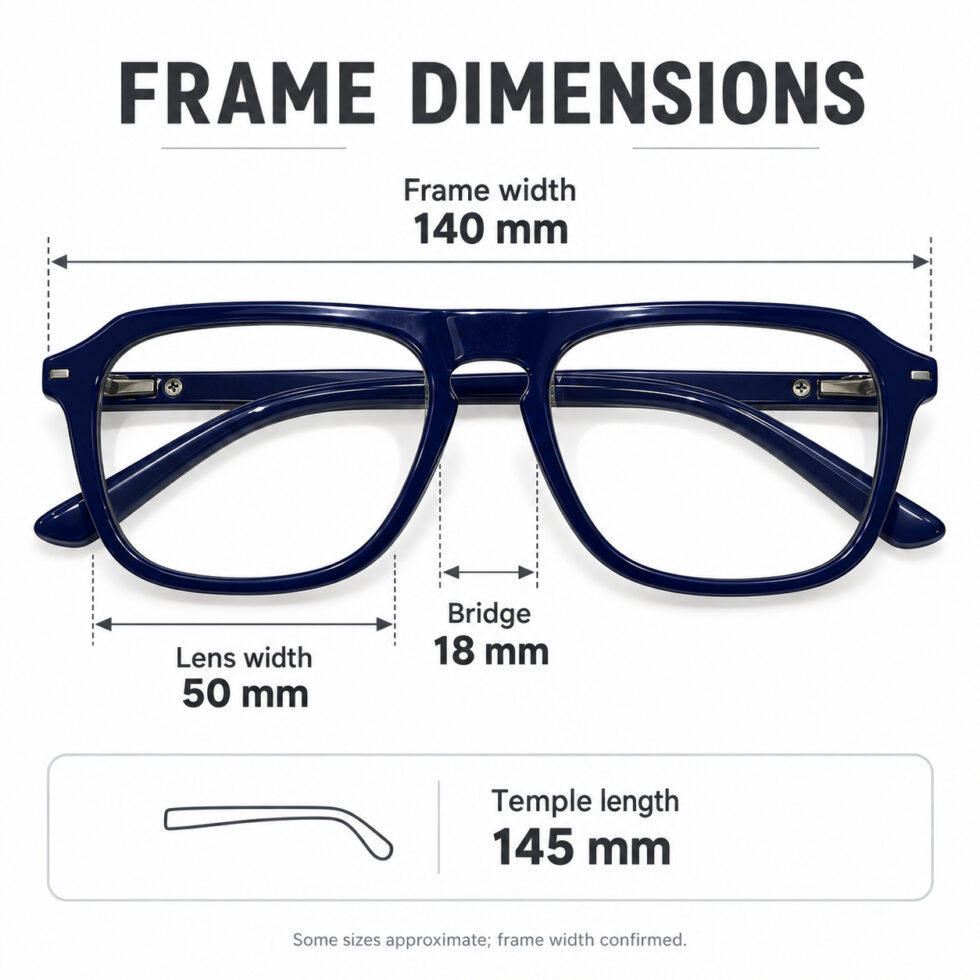 Navy Blue Double-Bridge Aviator Eyeglasses — dimensions including 140 mm frame width