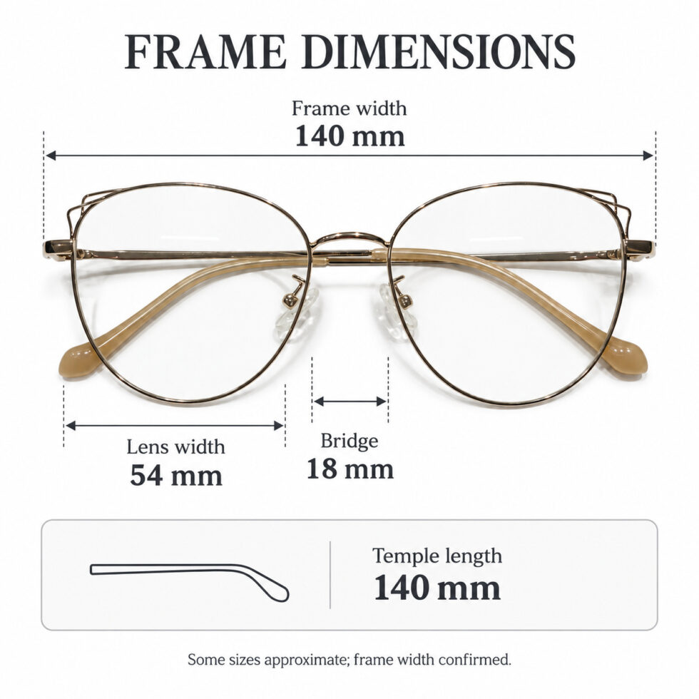 Gold-Tone Cat-Eye Eyeglasses — dimensions including 140 mm frame width