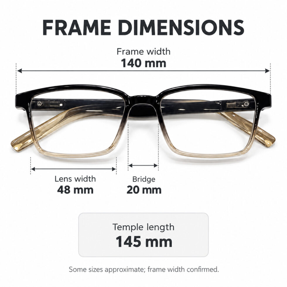 Black and Champagne Rectangle Eyeglasses — dimensions including 140 mm frame width