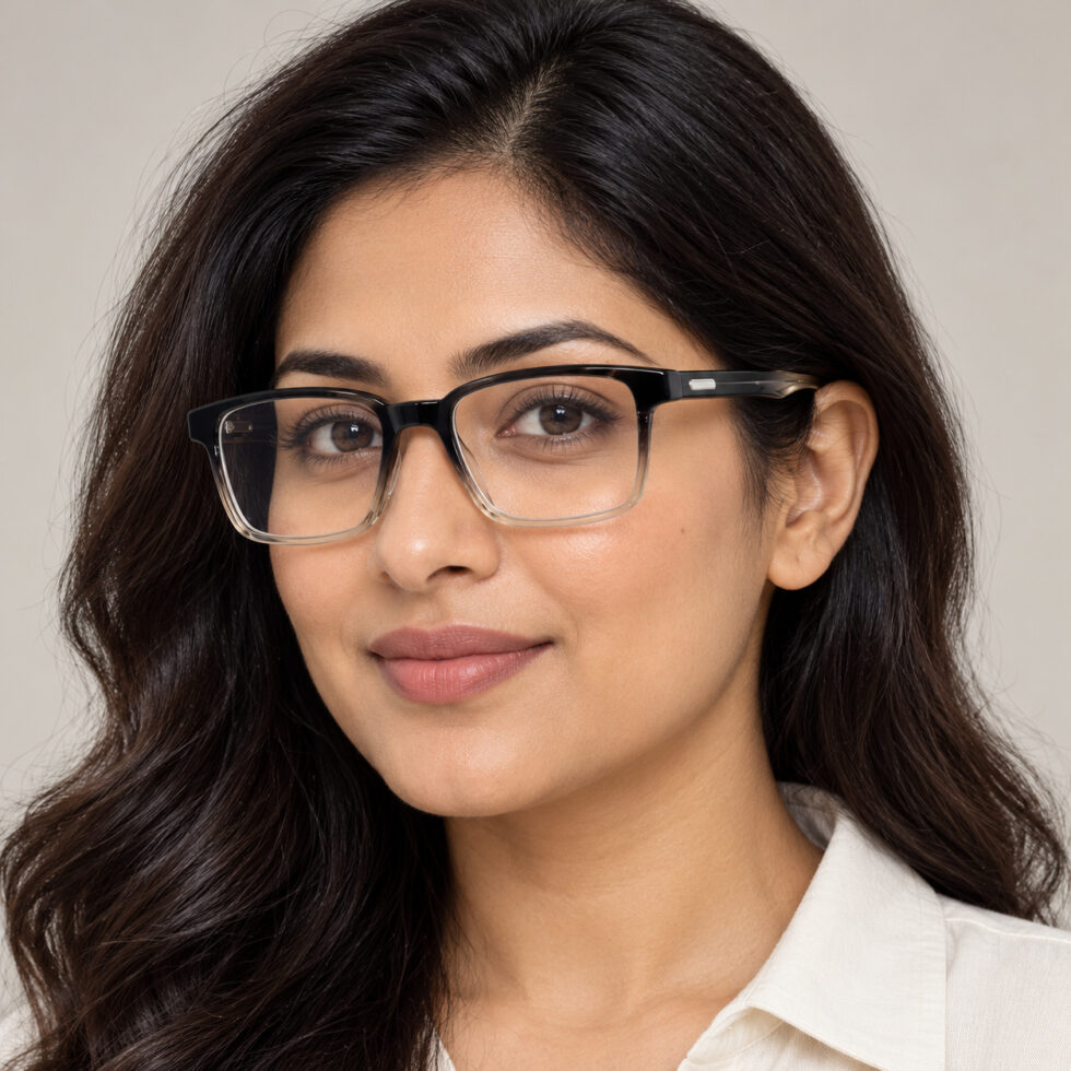 Black and Champagne Rectangle Eyeglasses — adult woman wearing the frame