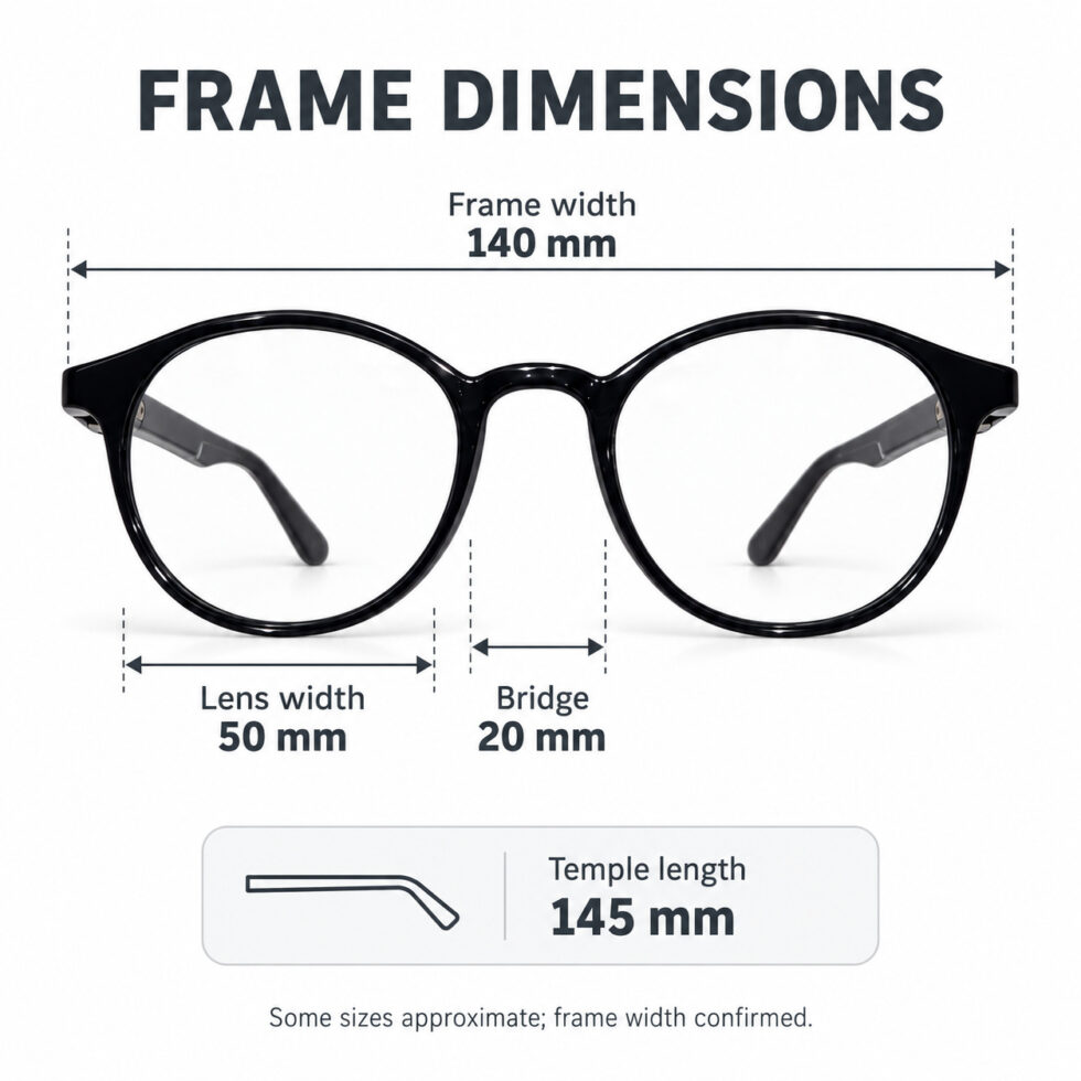 Deep Navy Round Eyeglasses — dimensions including 140 mm frame width