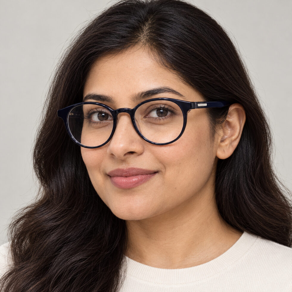 Deep Navy Round Eyeglasses — adult woman wearing the frame