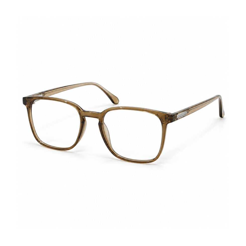 Transparent Brown Square Eyeglasses — front three-quarter view