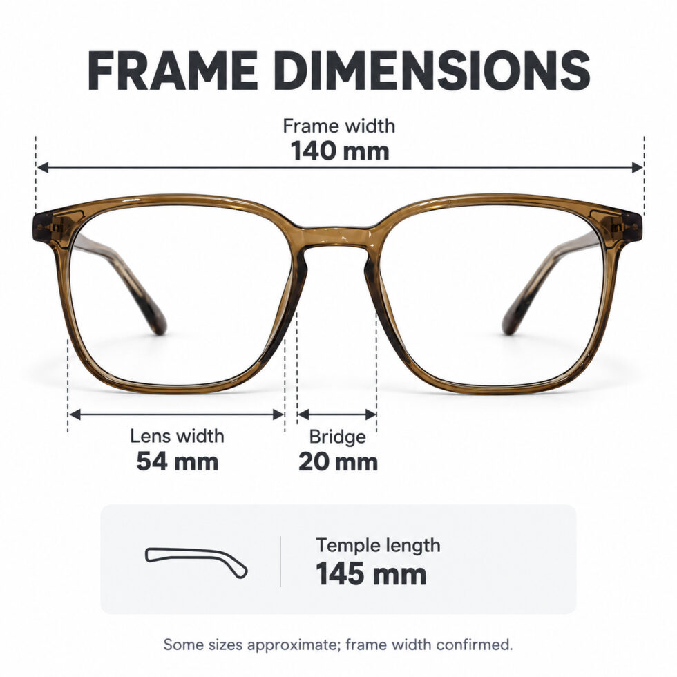 Transparent Brown Square Eyeglasses — dimensions including 140 mm frame width