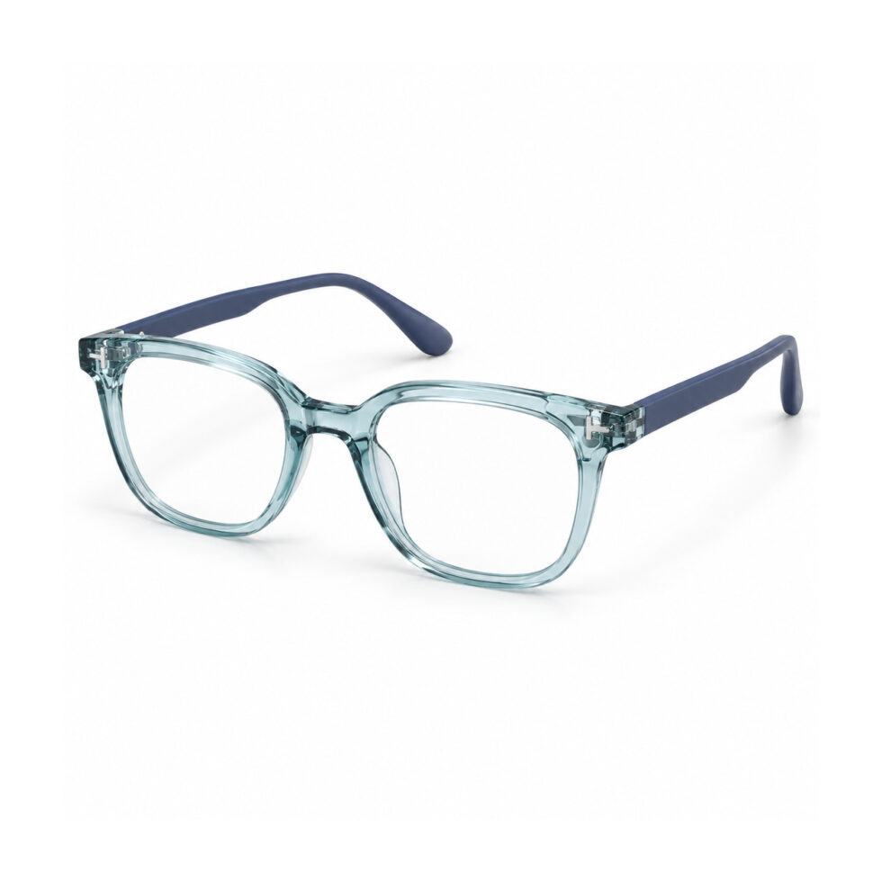 Transparent Teal Square Eyeglasses — front three-quarter view
