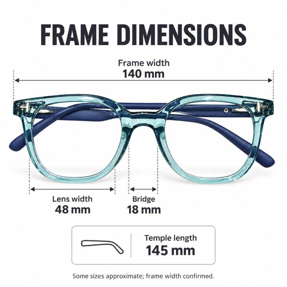 Transparent Teal Square Eyeglasses — dimensions including 140 mm frame width