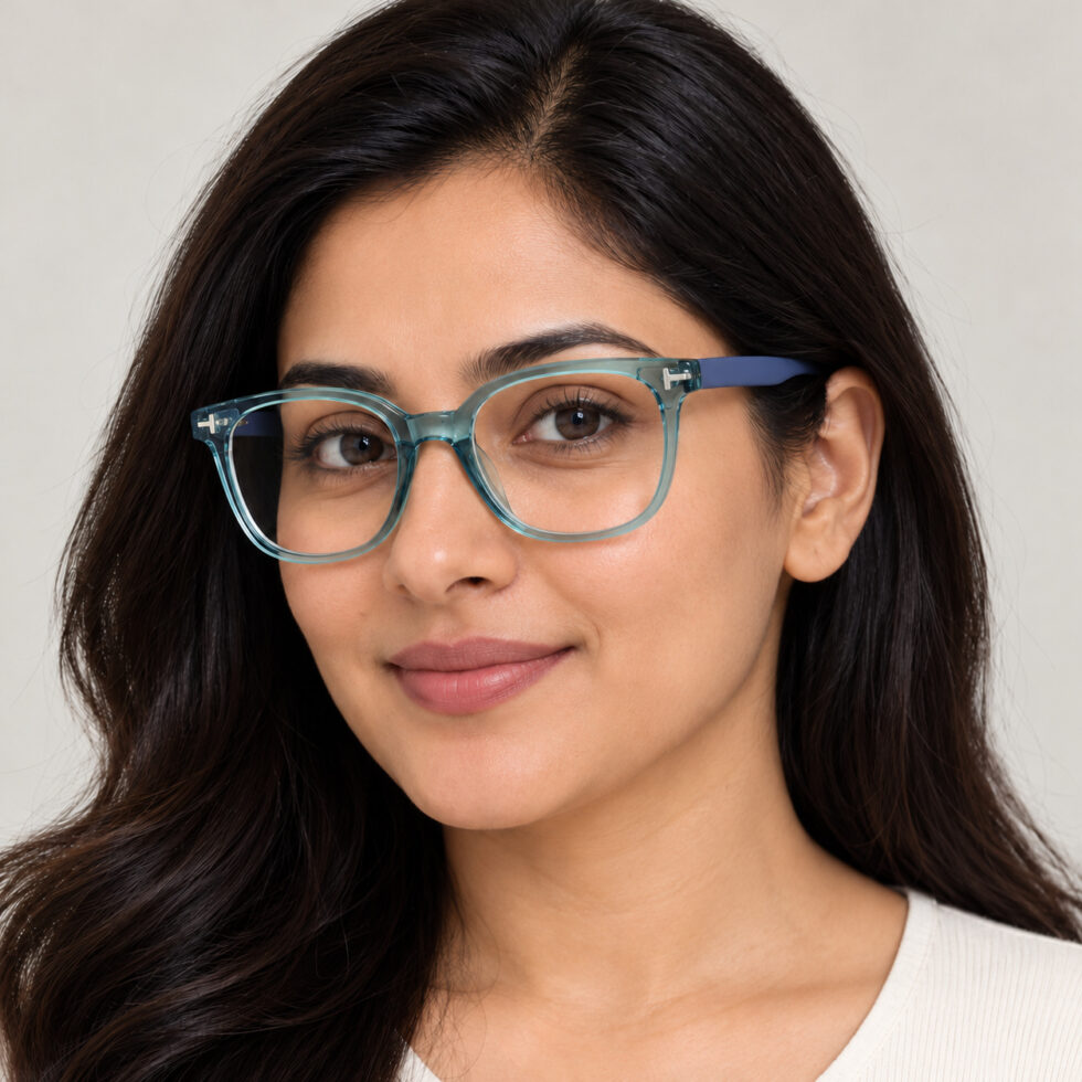 Transparent Teal Square Eyeglasses — adult woman wearing the frame