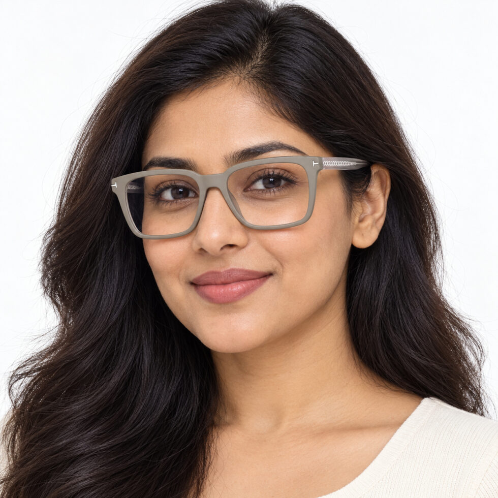 Matte Grey Square Eyeglasses – woman model
