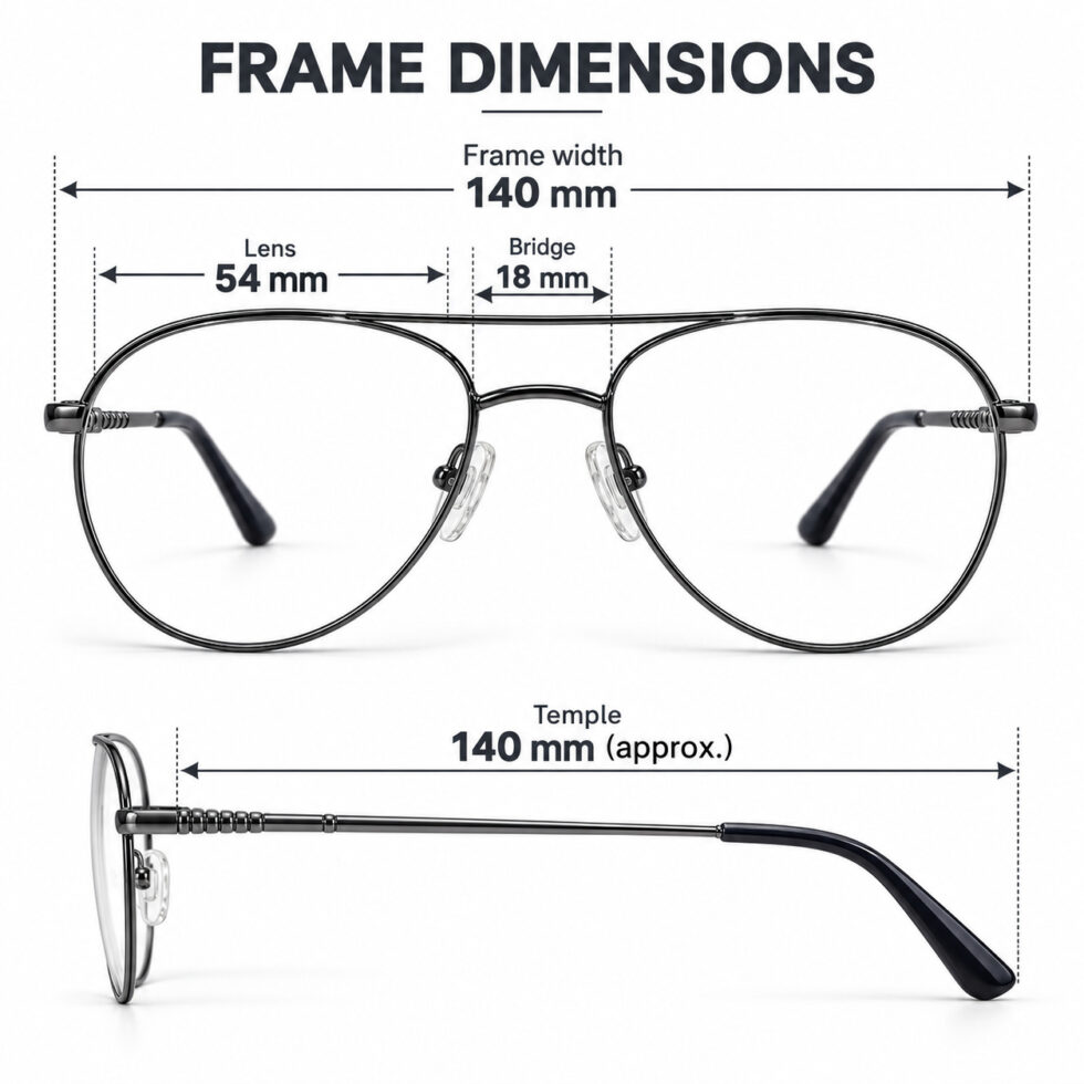Gunmetal Double Bridge Aviator Eyeglasses – dimensions