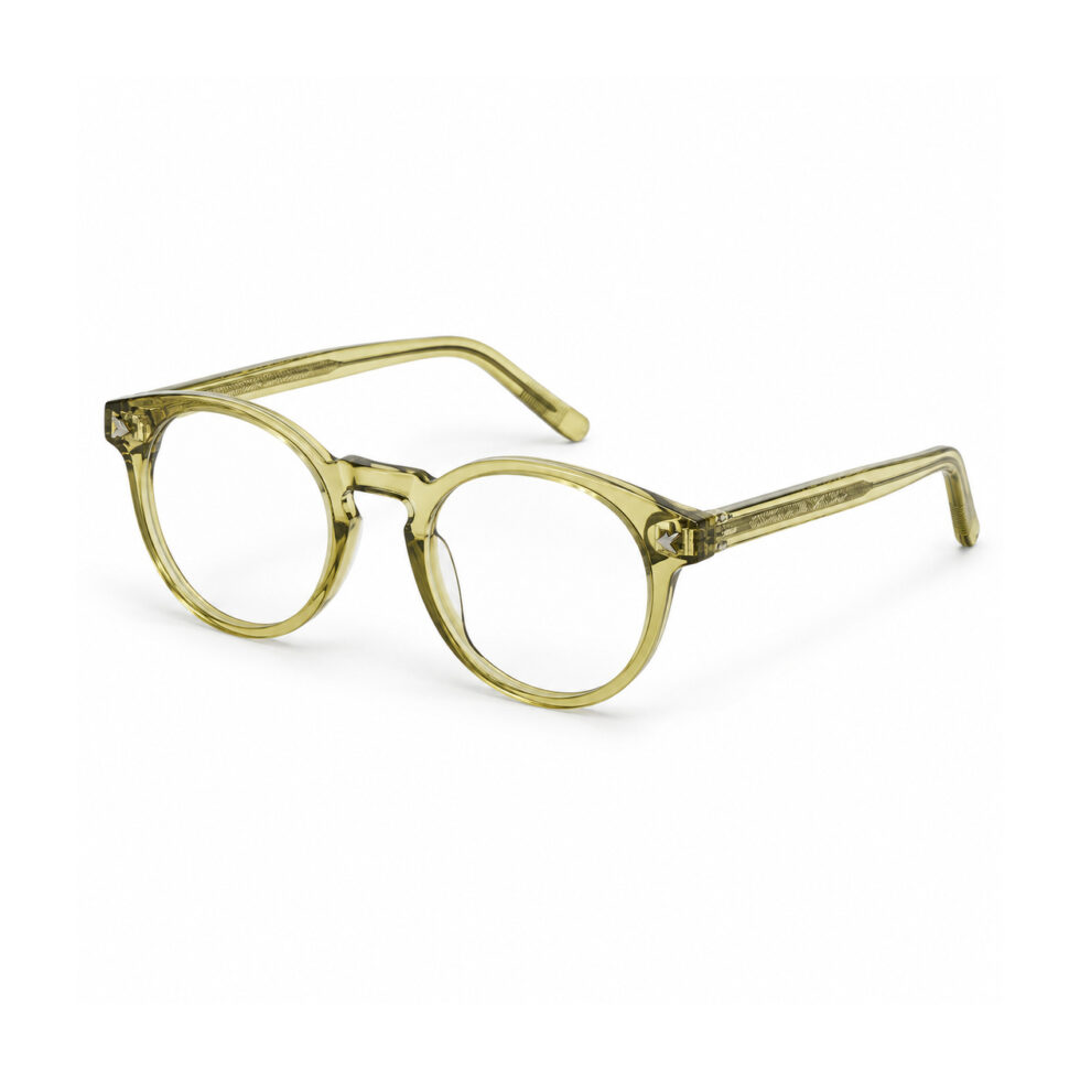 Transparent Olive Round Eyeglasses – three-quarter view