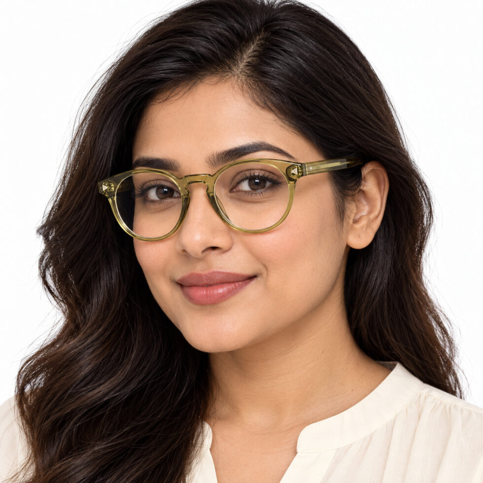 Transparent Olive Round Eyeglasses – woman model