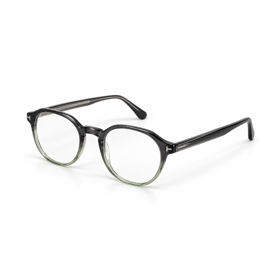 Black to Olive Gradient Round Eyeglasses – three-quarter view