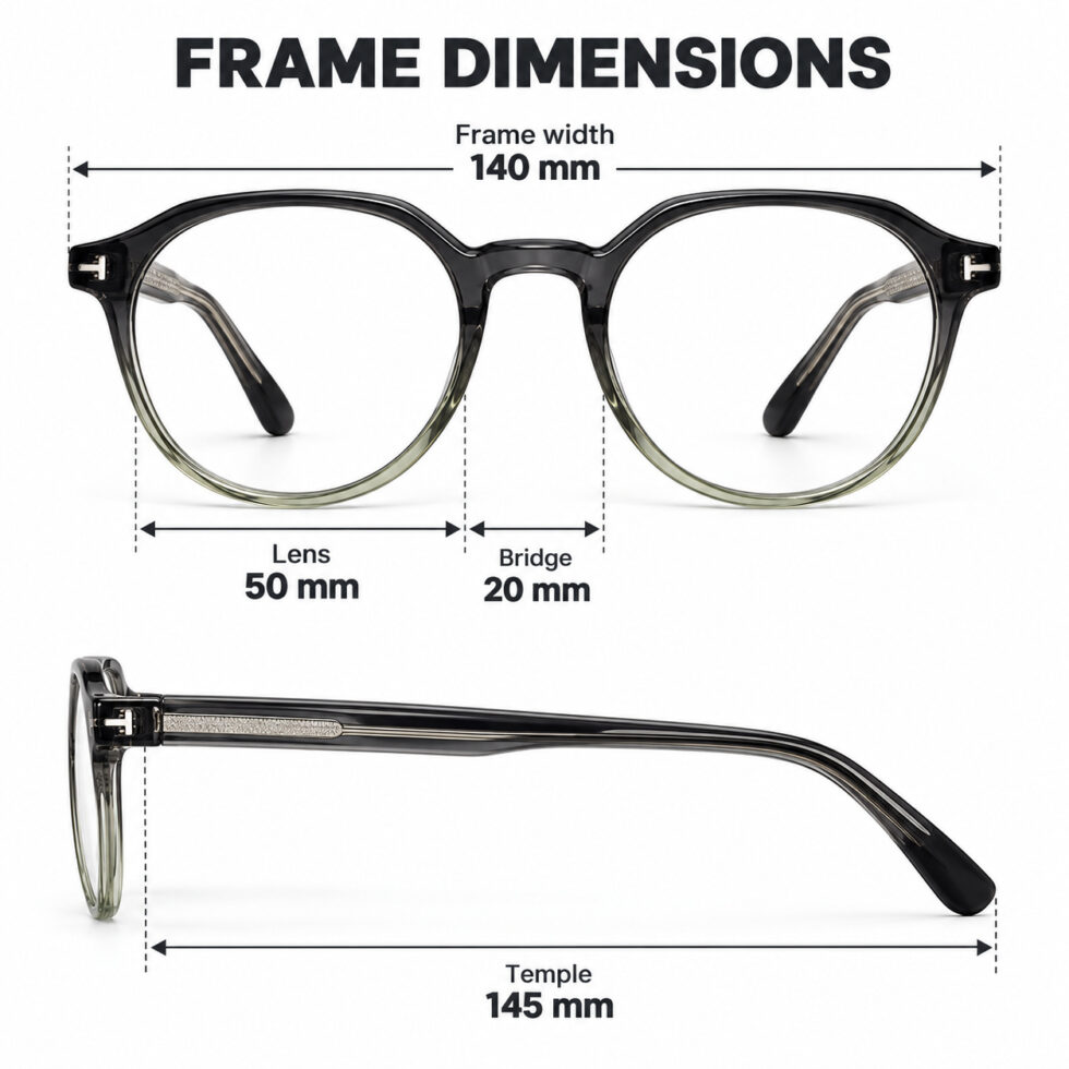 Black to Olive Gradient Round Eyeglasses – dimensions
