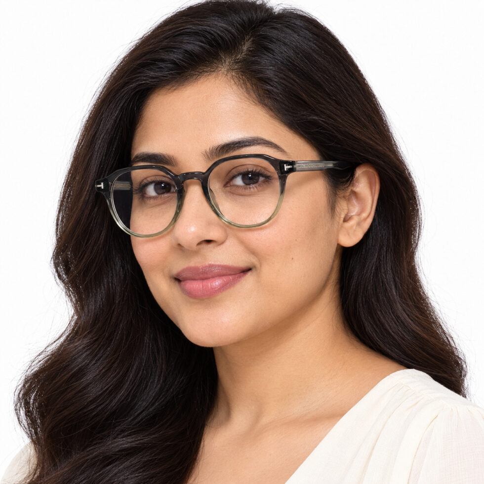 Black to Olive Gradient Round Eyeglasses – woman model