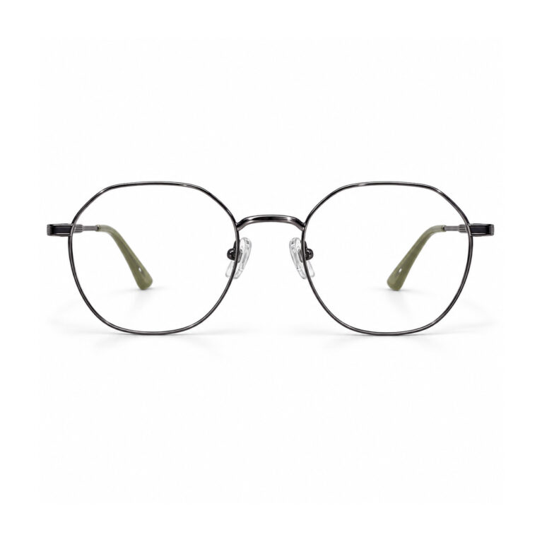 Gunmetal Round Eyeglasses with Olive Tips – front view