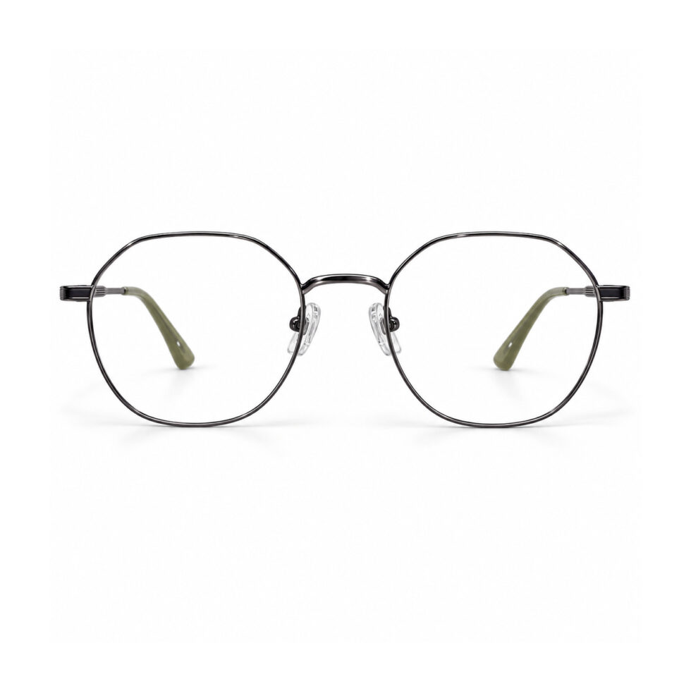 Gunmetal Round Eyeglasses with Olive Tips – front view