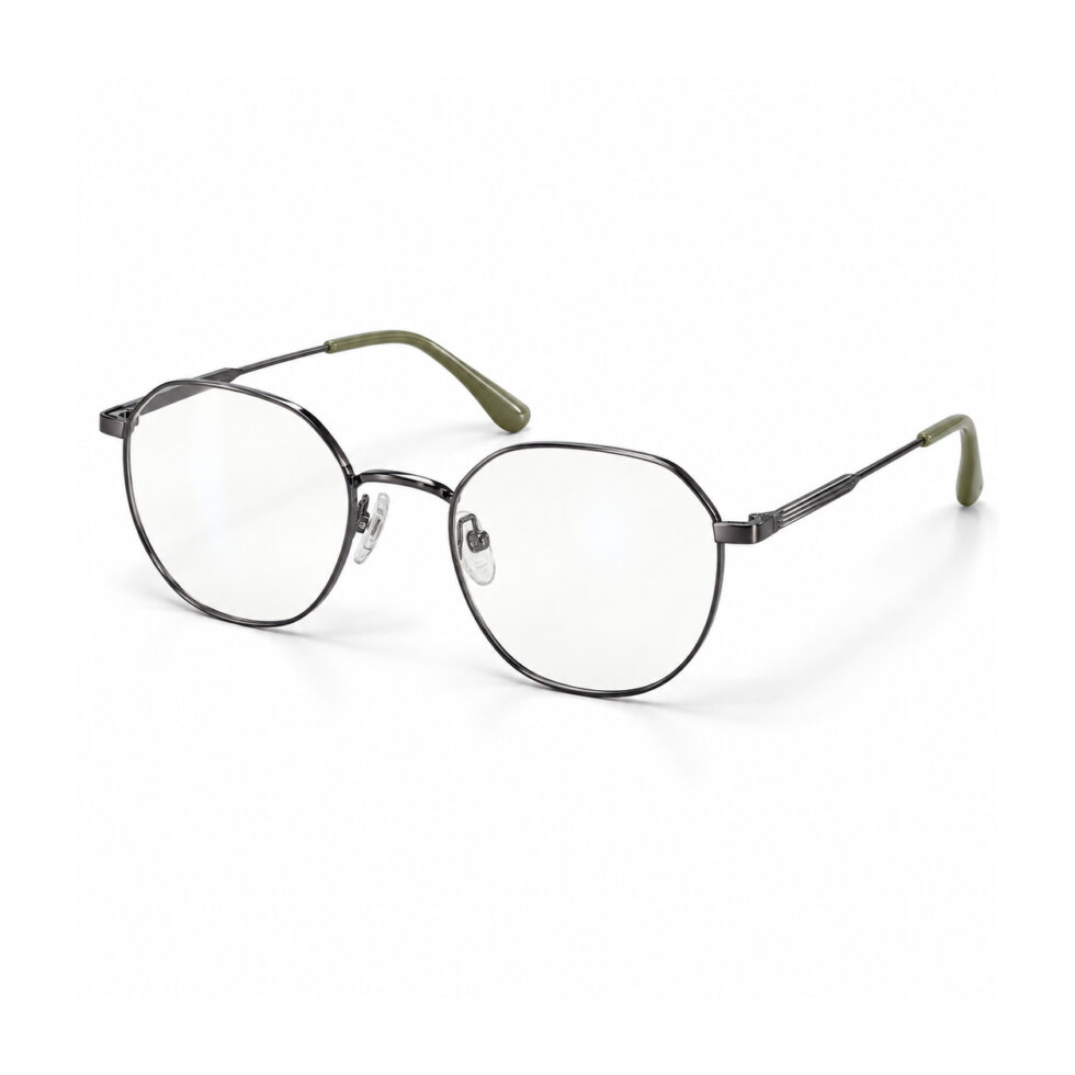 Gunmetal Round Eyeglasses with Olive Tips – three-quarter view