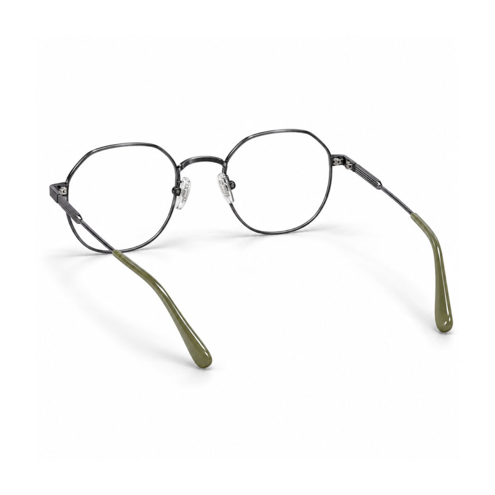 Gunmetal Round Eyeglasses with Olive Tips – rear view