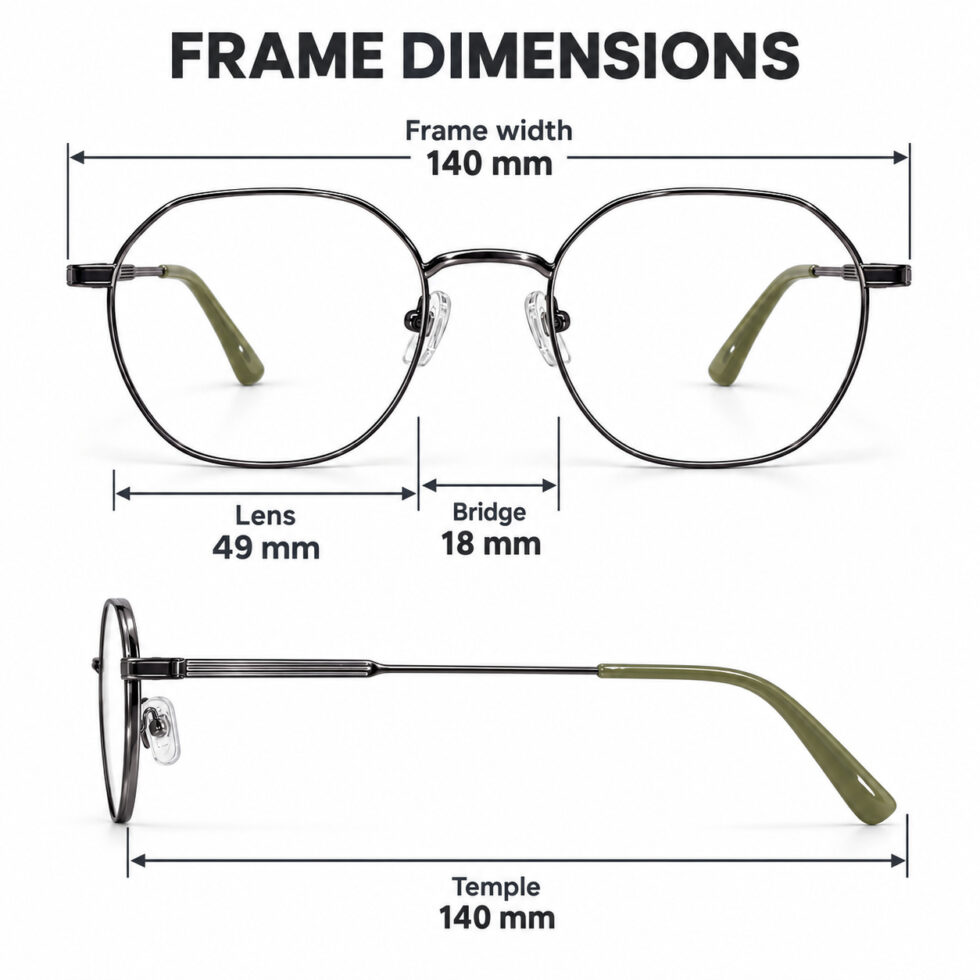 Gunmetal Round Eyeglasses with Olive Tips – dimensions
