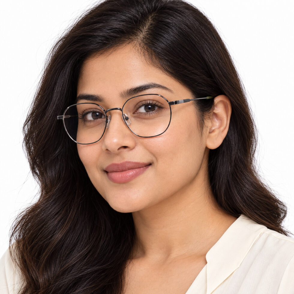 Gunmetal Round Eyeglasses with Olive Tips – woman model
