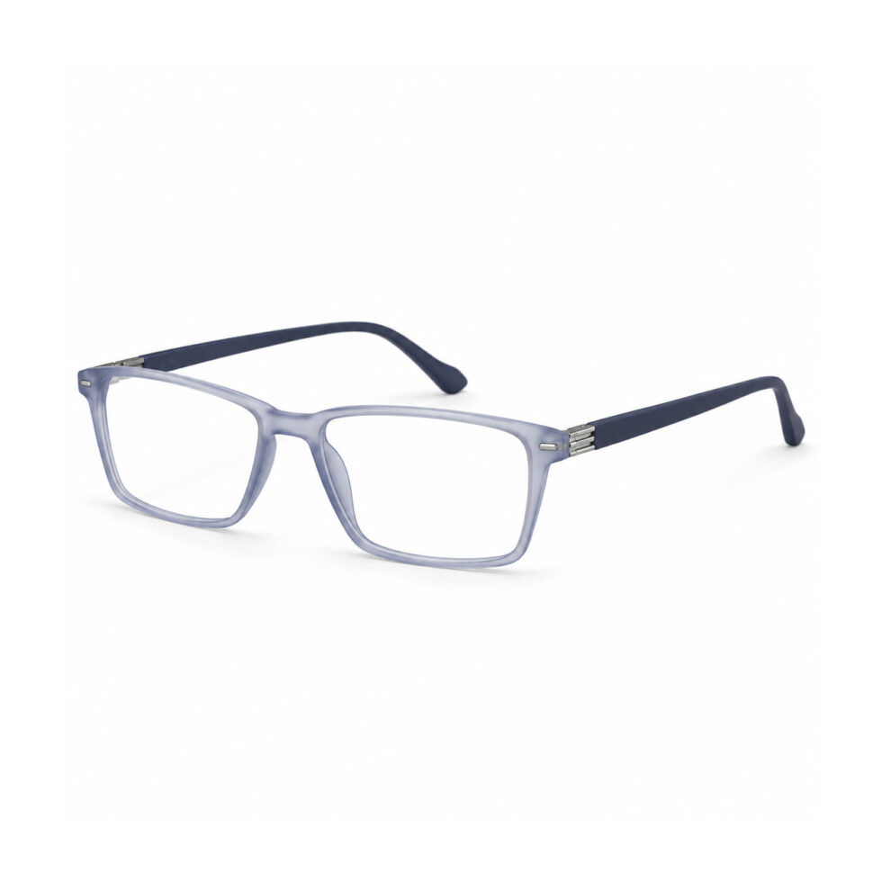 Frosted Blue Grey Rectangle Eyeglasses – three-quarter view