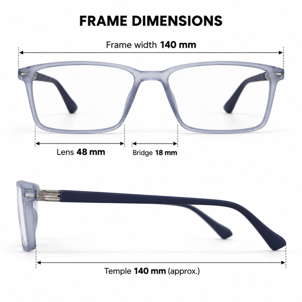 Frosted Blue Grey Rectangle Eyeglasses – dimensions