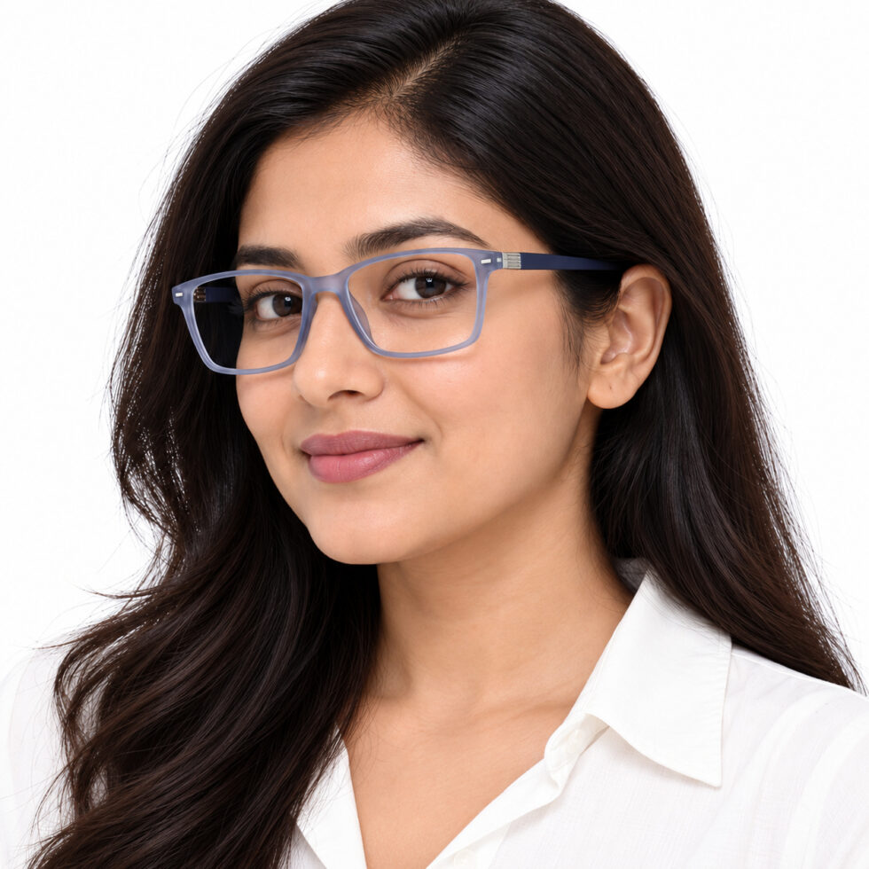 Frosted Blue Grey Rectangle Eyeglasses – woman model