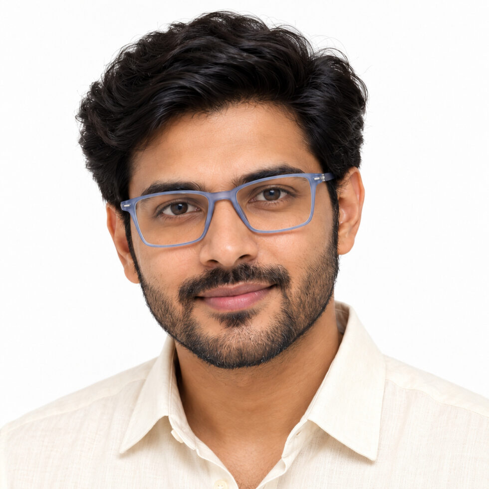 Frosted Blue Grey Rectangle Eyeglasses – man model