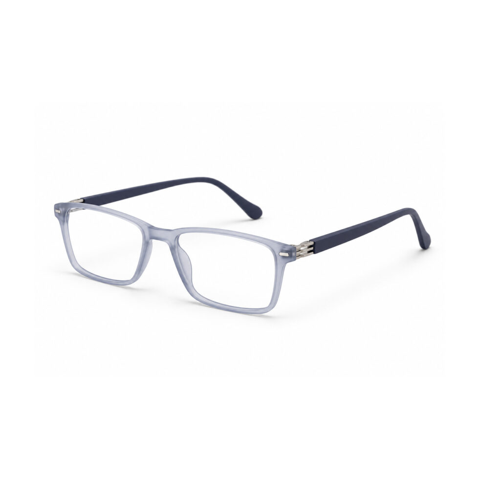 Frosted Blue Grey Rectangle Eyeglasses – three-quarter view