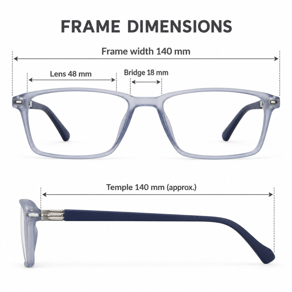 Frosted Blue Grey Rectangle Eyeglasses – dimensions