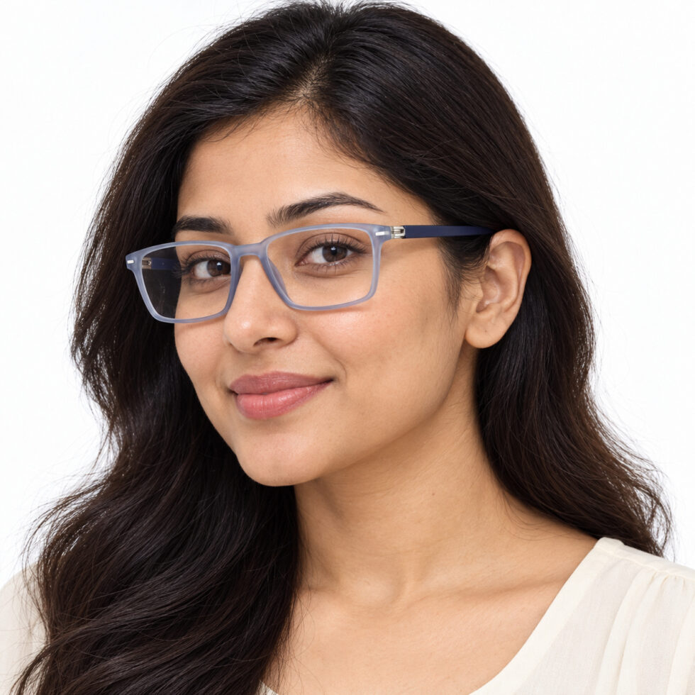 Frosted Blue Grey Rectangle Eyeglasses – woman model