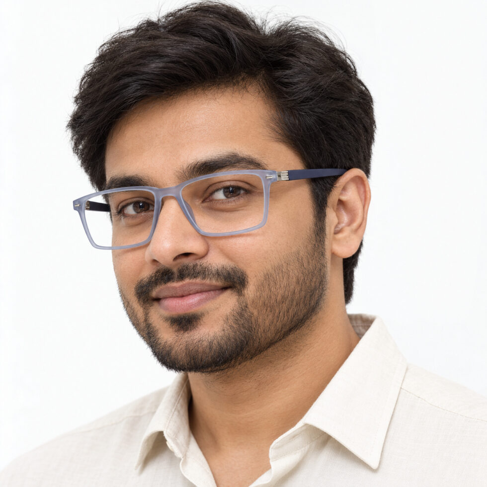 Frosted Blue Grey Rectangle Eyeglasses – man model