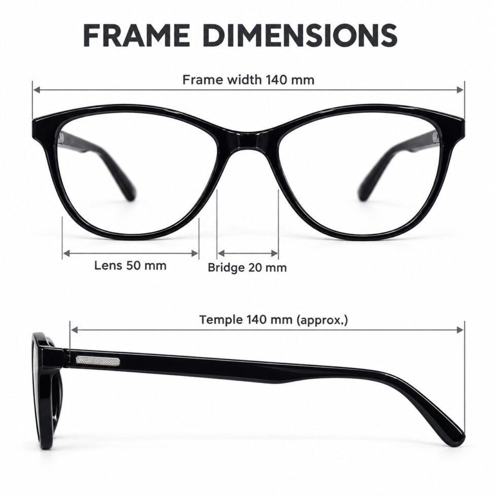 Glossy Black Soft Cat Eye Eyeglasses – dimensions