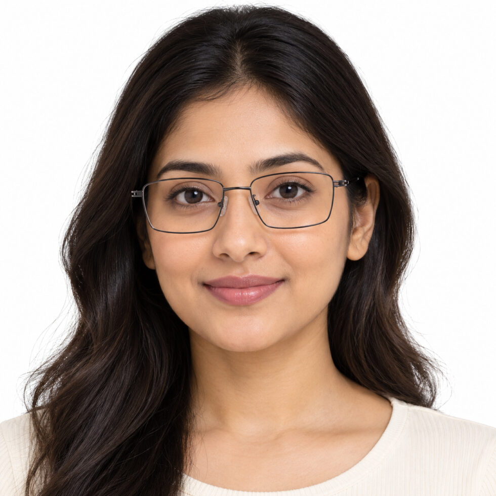Gunmetal and Silver Rectangle Eyeglasses – woman model